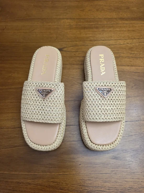 Prada Beige Woven Slide Sandals  (New) - Picture 3 of 10